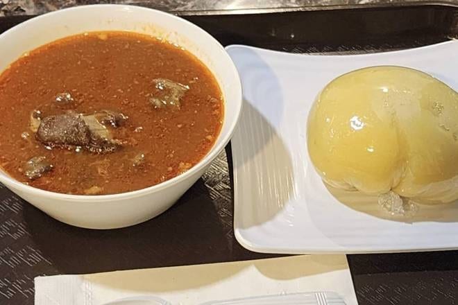 Fufu and Okra/Light soup w/ Meat (HalfnHalf).