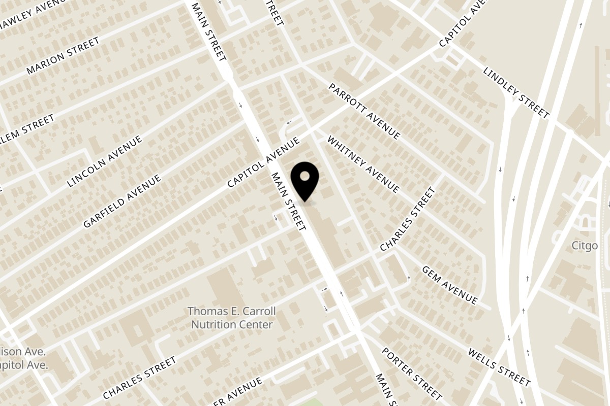 Map showing the location of Safari77 Cuisine on 2434 Main St in Bridgeport